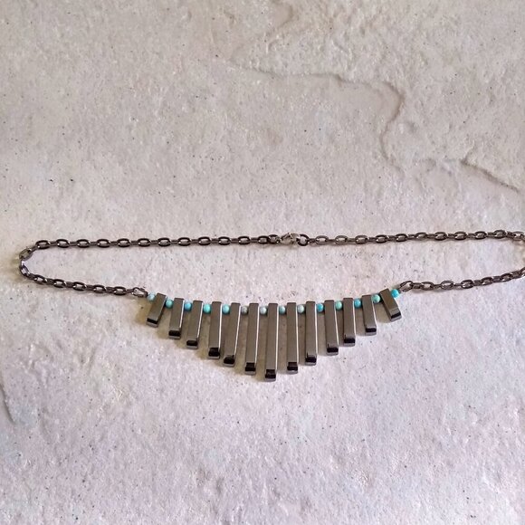 Ocean Soul & Earth Strength. Unique Hematite + Larimar Fan Necklace - Picture 3 of 8